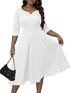 Runwind Plus Size Dresses Women Fit and Flare A-Line Swing Dress 3/4 Sleeve Midi Church Wedding Guest Cocktail Party Dresses